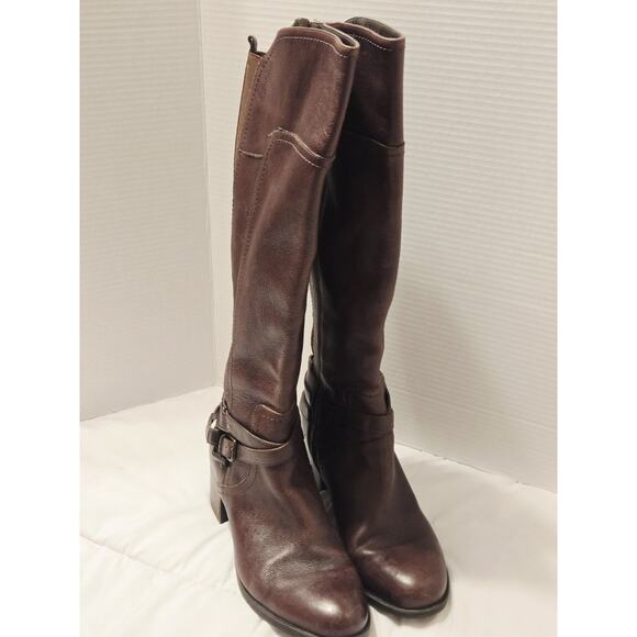 Marc Fisher Audrey Riding Boots Brown Leather Tall Buckle 9.5M Boho Casual Party - Picture 3 of 9